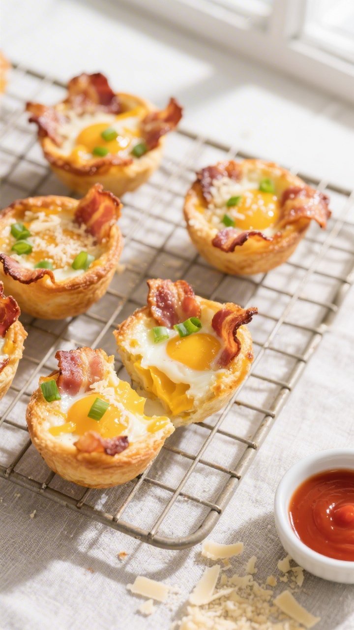 Tasty top view: Overhead shot of a cooling rack holding freshly baked Cheesy Bacon Egg Cups, tops sl
