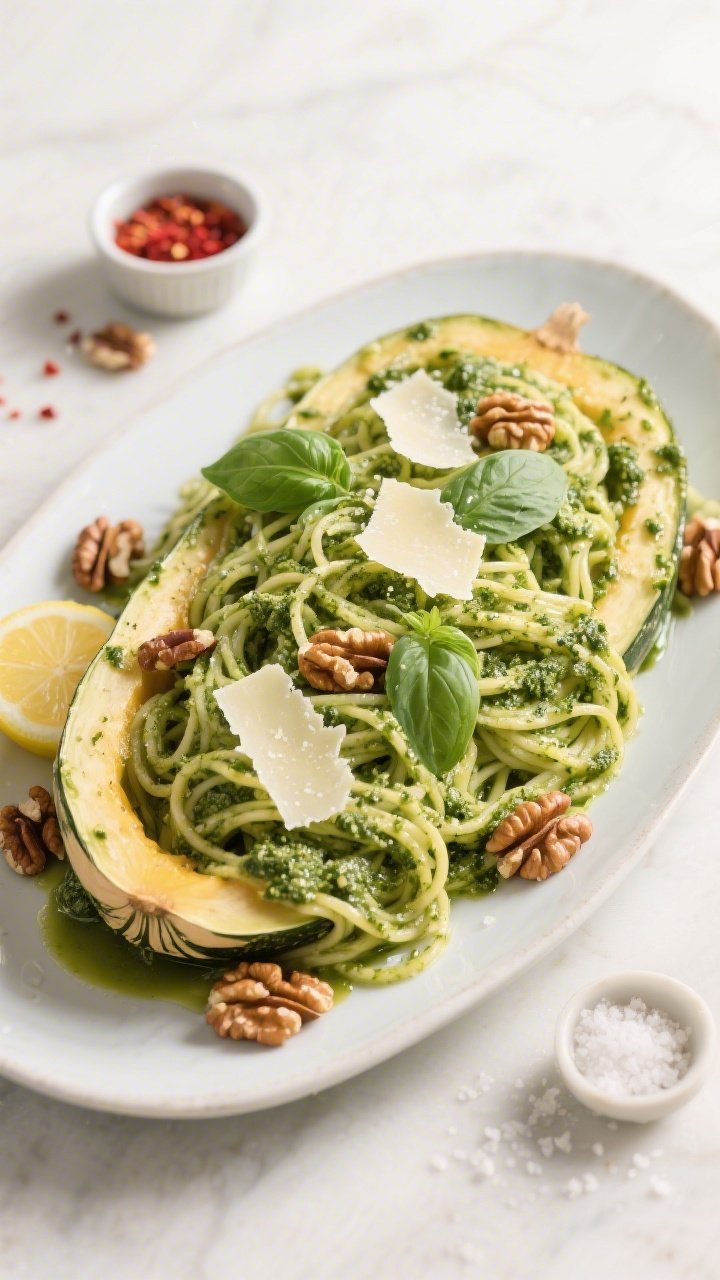 Tasty top view: Overhead shot of a family-style serving—an oval platter mounded with pesto-green s