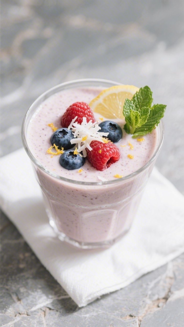 Tasty top view: Overhead shot of a freshly poured Keto Berry Coconut Smoothie in a chilled clear tum