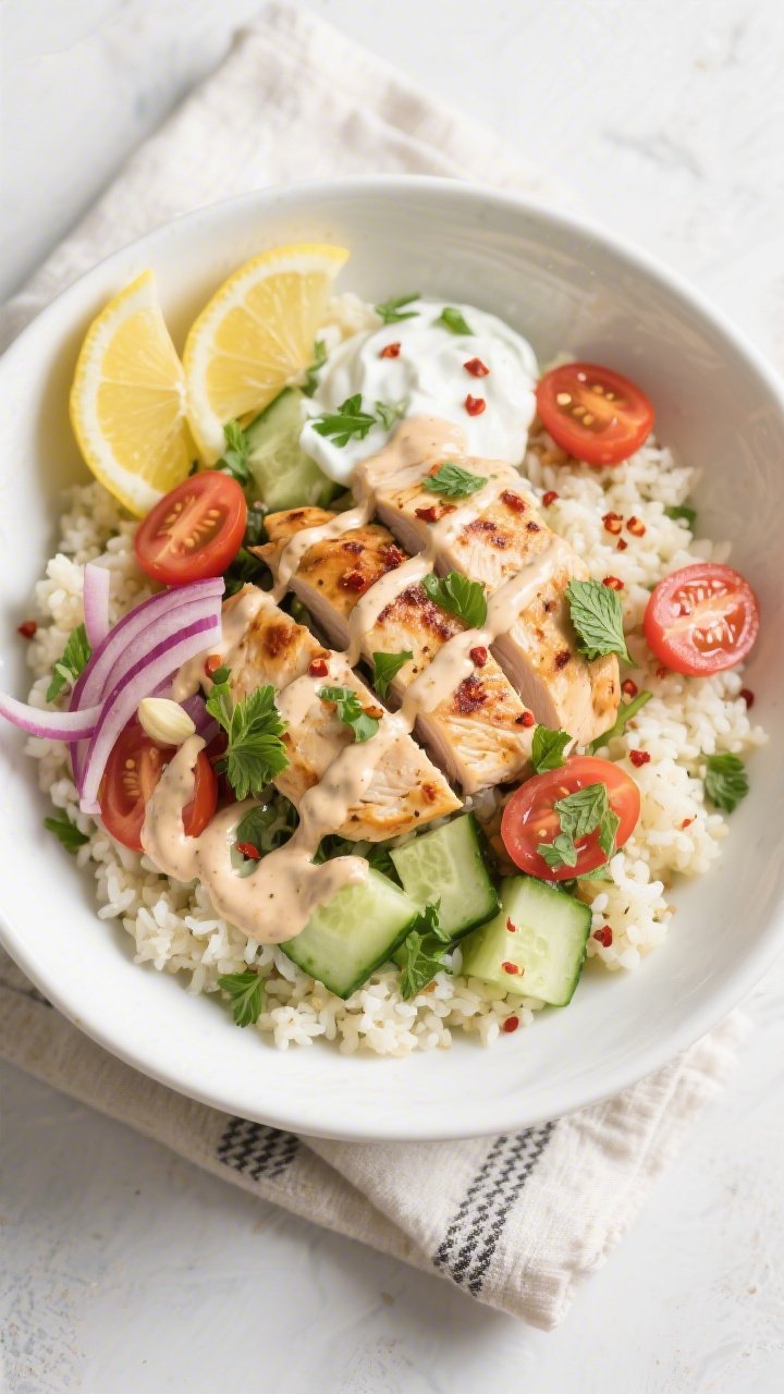 Tasty top view: Overhead shot of a fully built Keto Chicken Shawarma Bowl—fluffy cauliflower rice