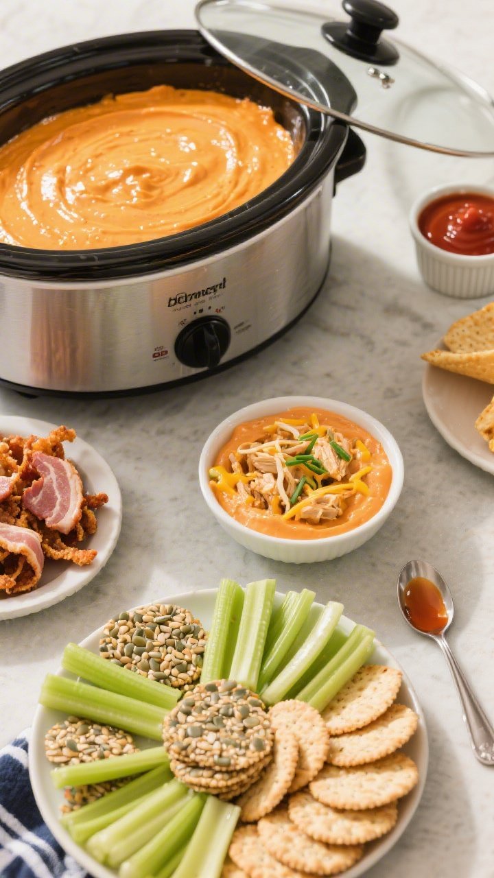 Tasty top view: Overhead shot of a game-day spread featuring the slow cooker set to Warm, lid slight