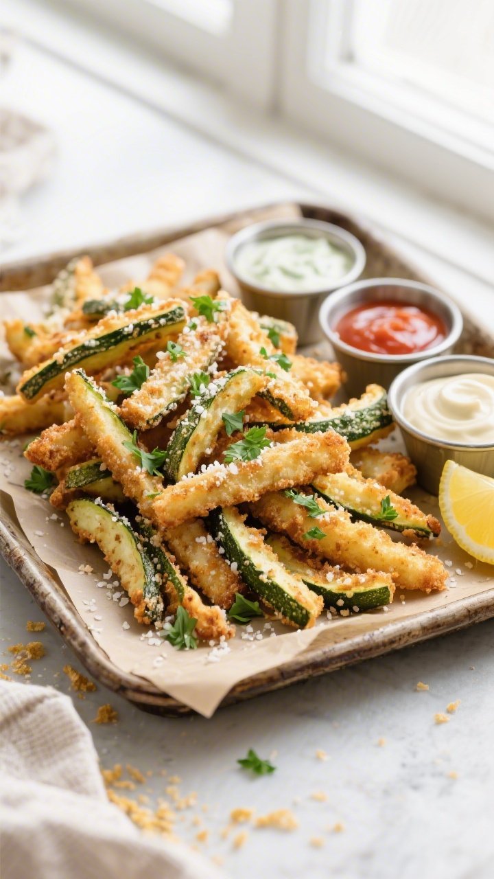 Tasty top view: Overhead shot of a generous platter of crispy Parmesan zucchini fries arranged in a
