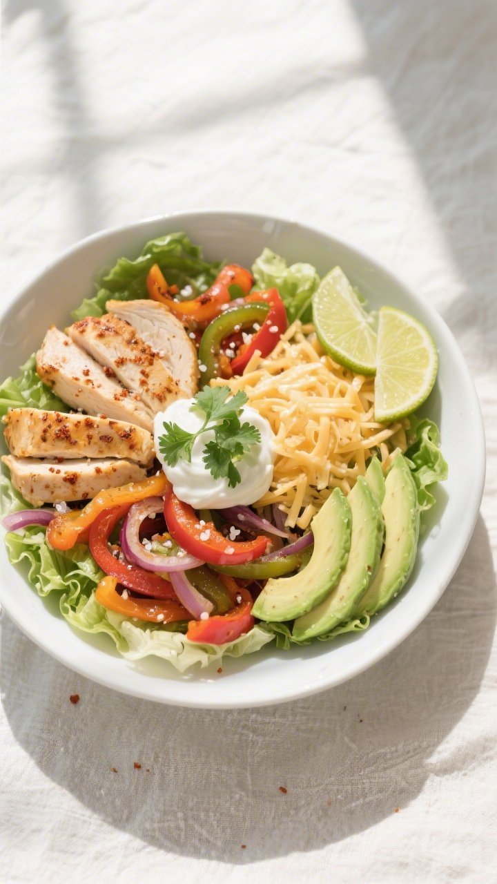 Tasty top view: Overhead shot of a Keto Chicken Fajita Bowl assembled over chopped romaine, neatly a