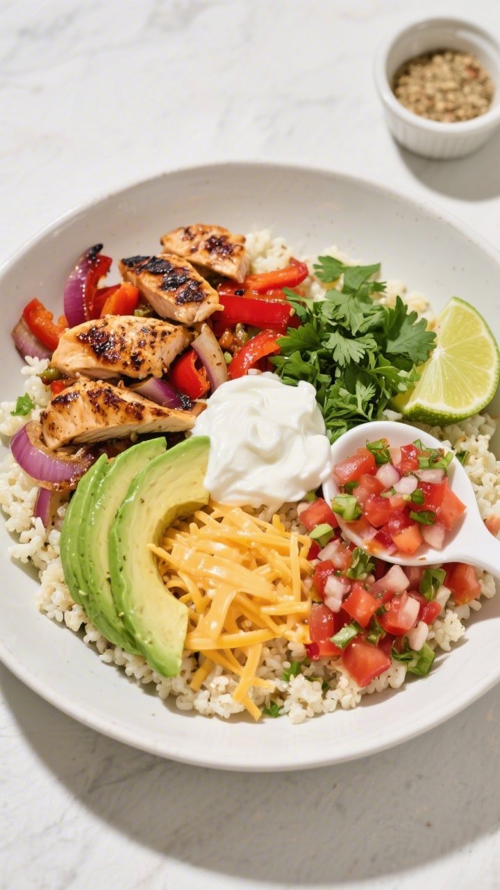 Tasty top view: Overhead shot of a keto chicken fajita bowl built on cilantro-lime cauliflower rice,
