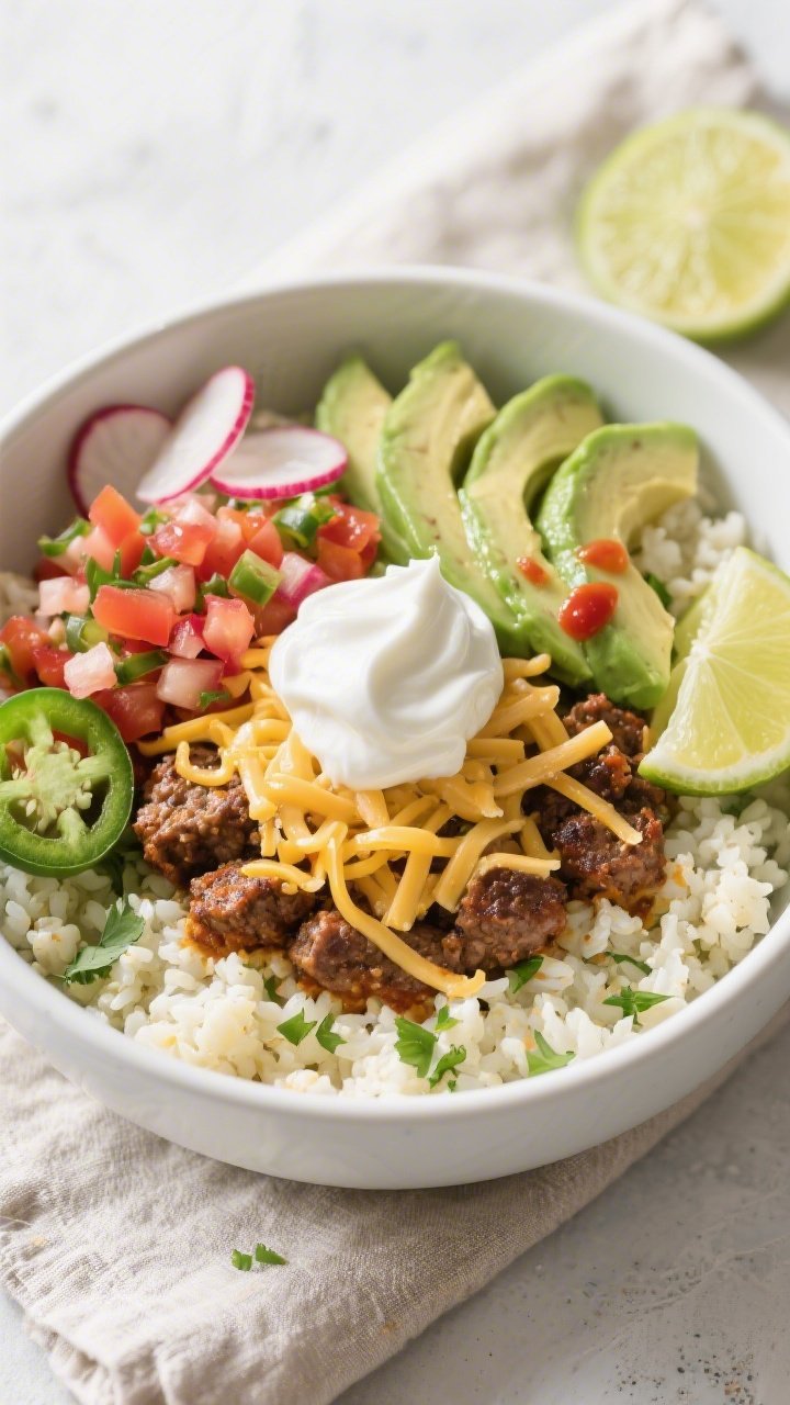 Tasty top view: Overhead shot of a Keto Mexican Hamburger Cauliflower Rice Bowl just assembled—bed