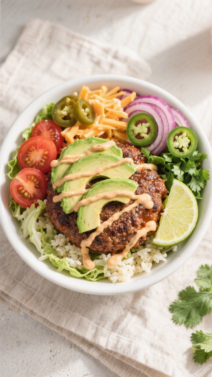 Tasty top view: Overhead shot of a Keto Southwest Hamburger Bowl assembled over a split base of shre