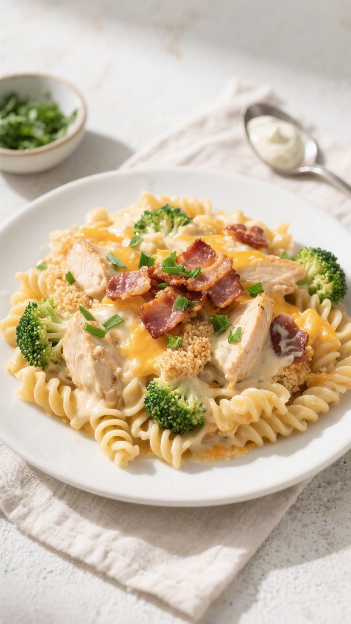 Tasty top view: Overhead shot of a plated serving of Cheesy Chicken Bacon Ranch Casserole on a matte