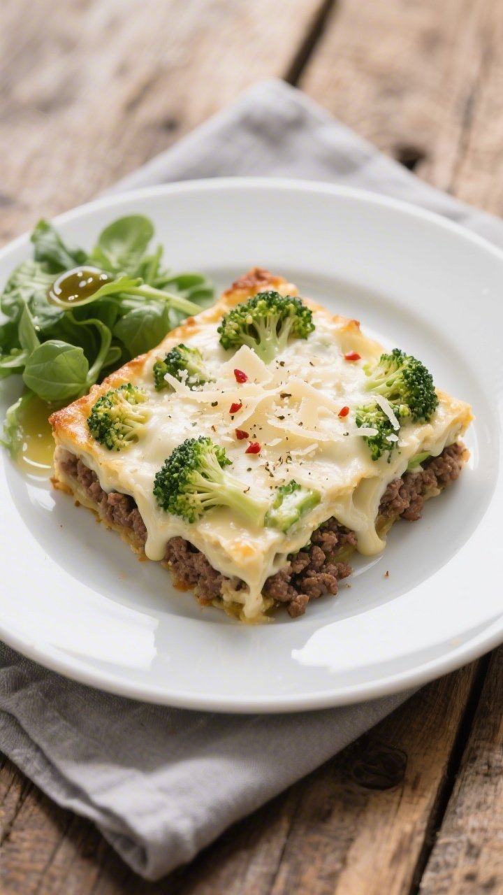 Tasty top view: Overhead shot of a plated serving of Keto Hamburger Broccoli Alfredo Bake on a matte