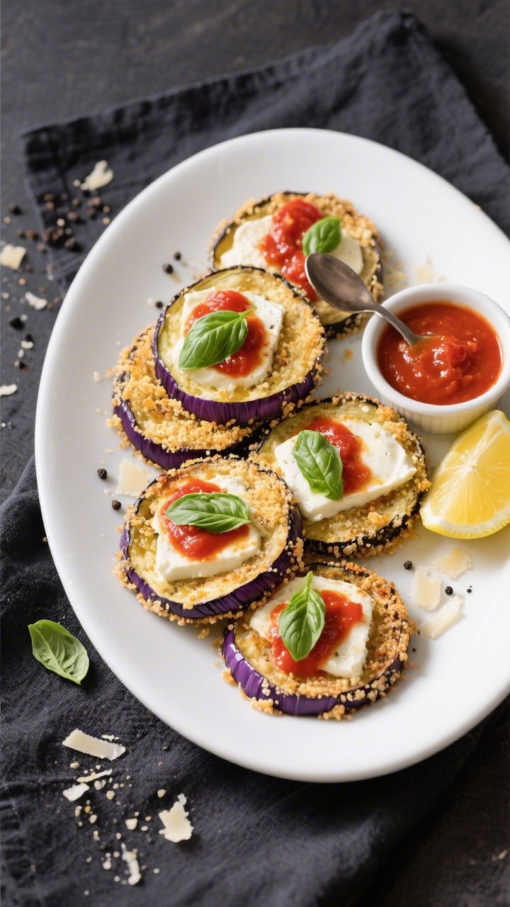 Tasty top view: Overhead shot of a platter of baked Parmesan-crusted eggplant rounds arranged slight