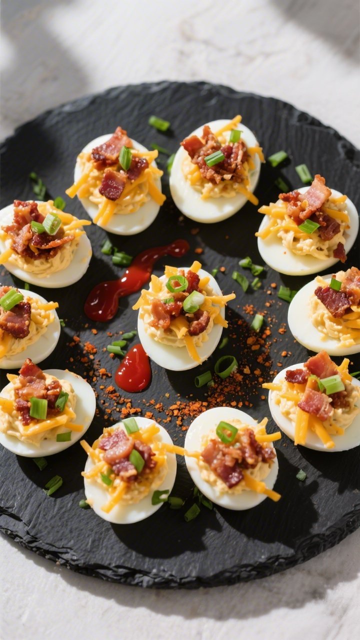 Tasty top view: Overhead shot of a platter of Keto Loaded Deviled Eggs arranged in a tight circular 