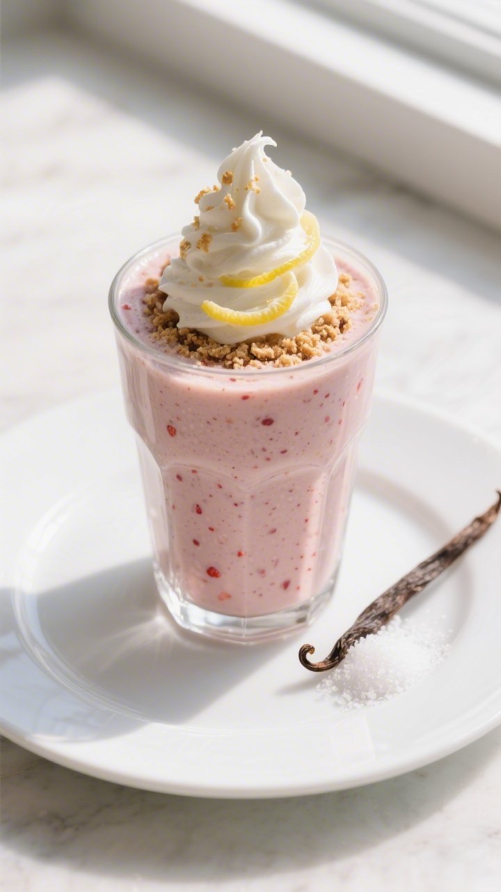 Tasty top view: Overhead shot of a poured Keto Strawberry Cheesecake Smoothie in a chilled clear hig