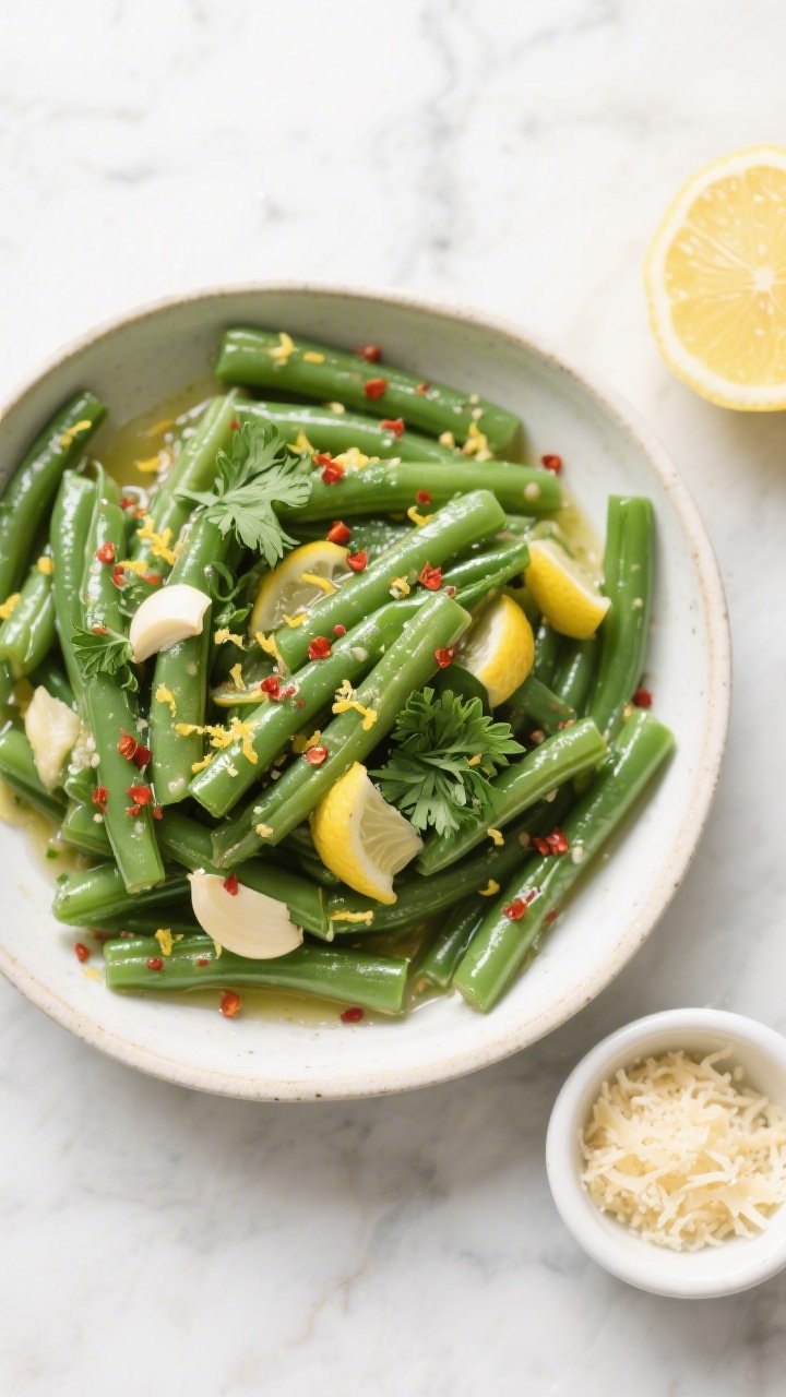 Tasty top view: Overhead shot of a serving bowl brimming with bright, cooked green beans, evenly coa