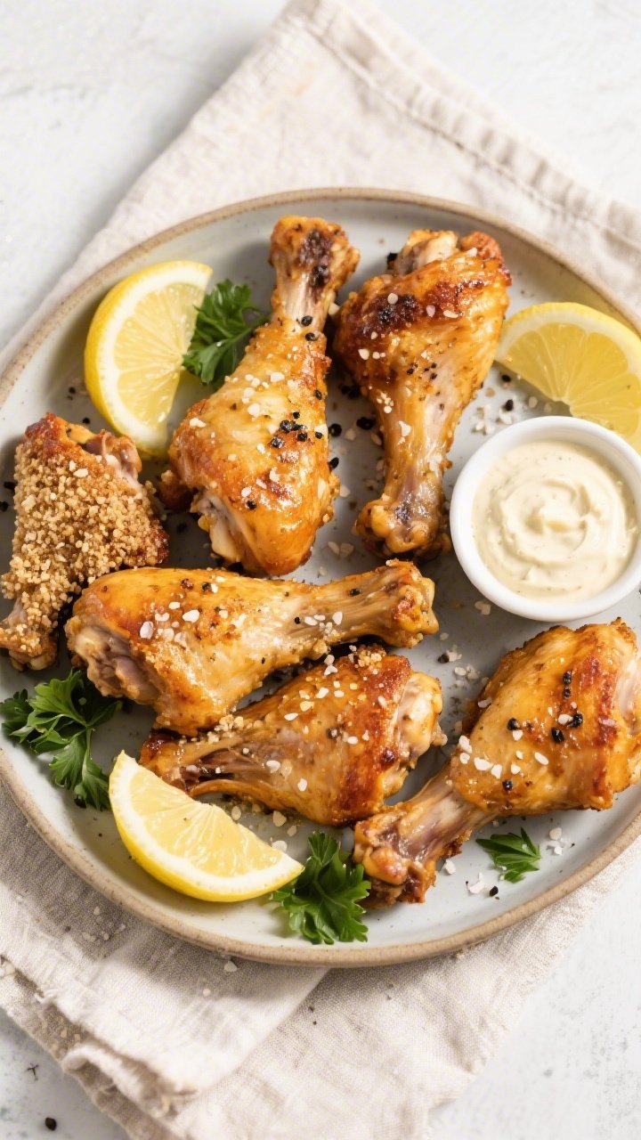 Tasty top view: Overhead shot of a serving platter with assorted bone-in thighs and drumsticks, deep
