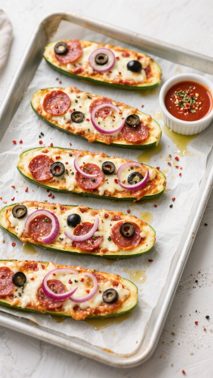 Tasty top view: Overhead shot of a sheet pan of fully baked Keto Zucchini Pizza Boats arranged in ne
