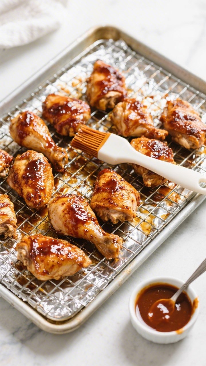 Tasty top view: Overhead shot of a sheet pan setup fresh from the oven—skin-on chicken pieces with