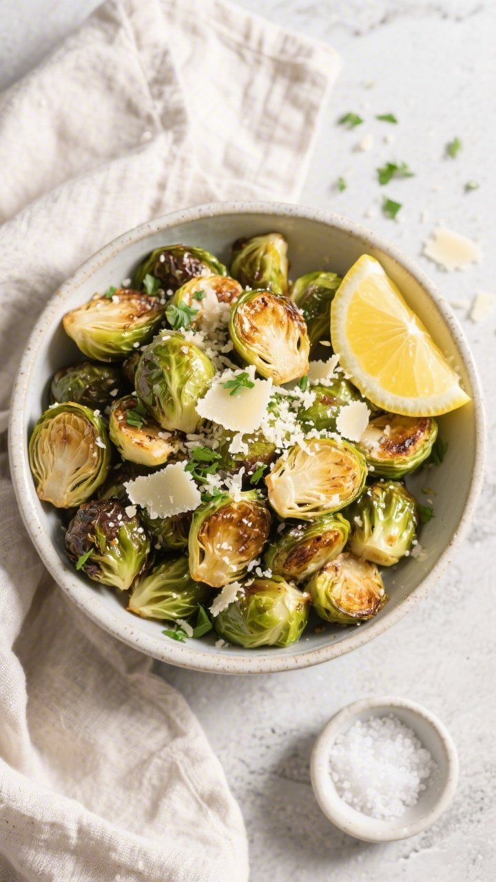 Tasty top view: Overhead shot of a wide bowl piled with roasted Garlic Parmesan Brussels sprouts, fr