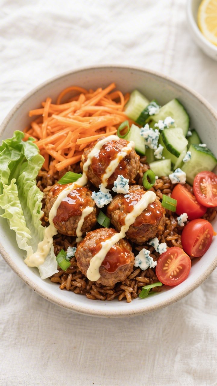 Tasty top view — Overhead shot of assembled Buffalo Turkey Meatball Bowl: fluffy brown rice base w