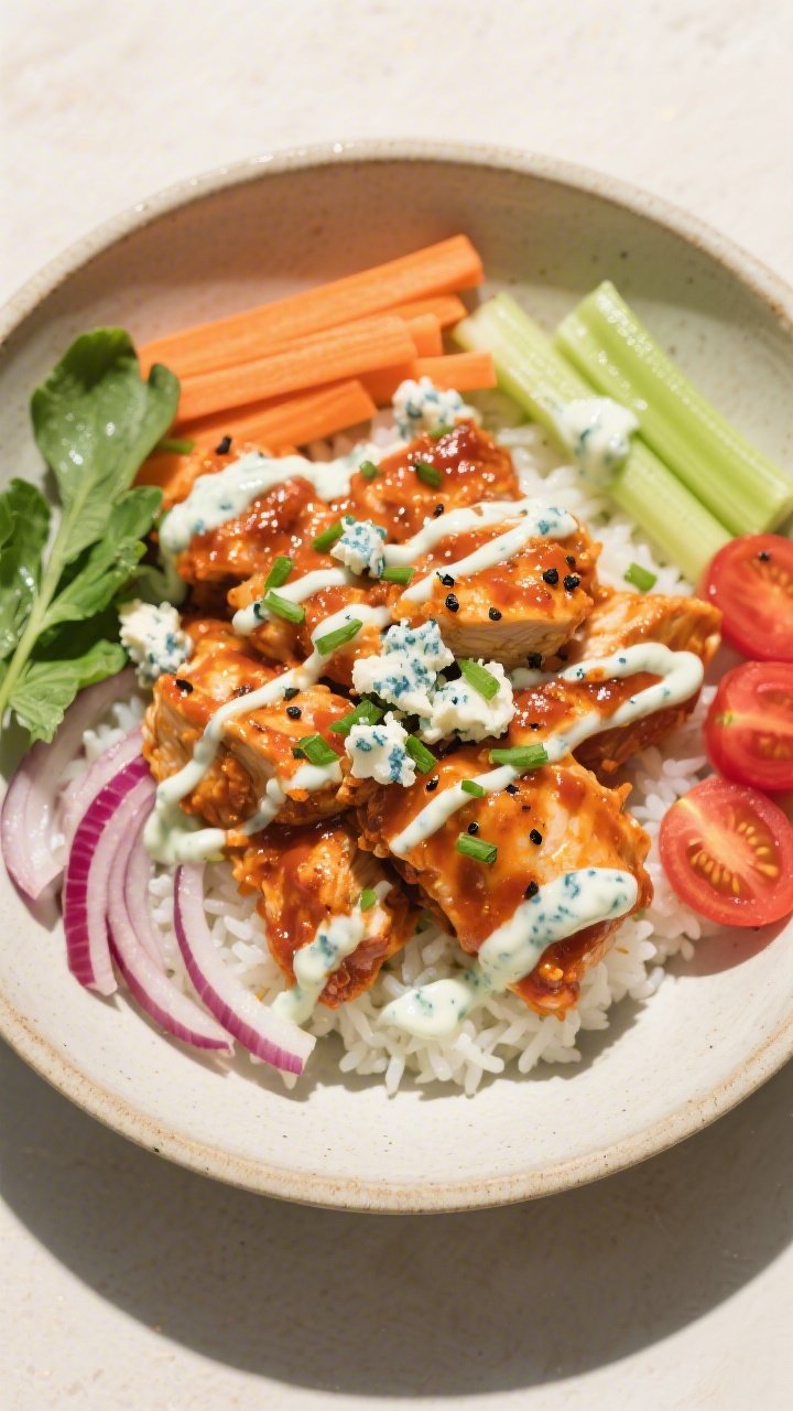 Tasty top view: Overhead shot of assembled Buffalo Chicken & Celery Bowl on a neutral ceramic bowl o