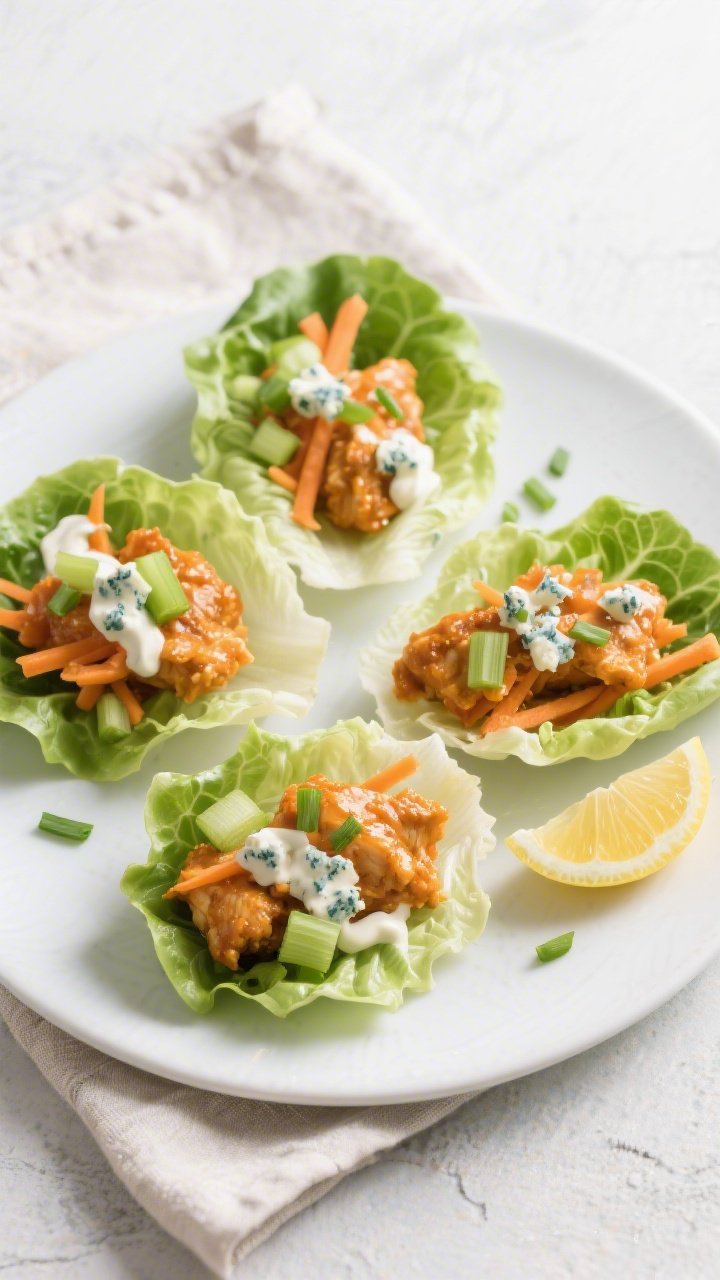 Tasty top view: Overhead shot of assembled Buffalo Chicken Lettuce Wraps on a matte white platter—