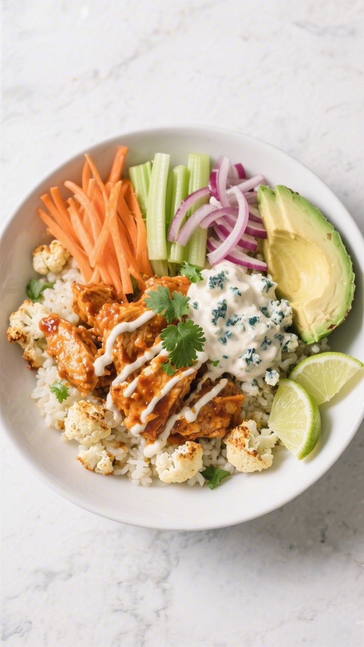 Tasty top view: Overhead shot of assembled Buffalo Chicken Cauliflower Bowl—roasted cauliflower ri
