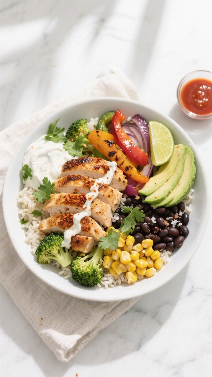 Tasty top view: Overhead shot of assembled Chipotle Lime Chicken & Veggie Bowl on a matte white shal