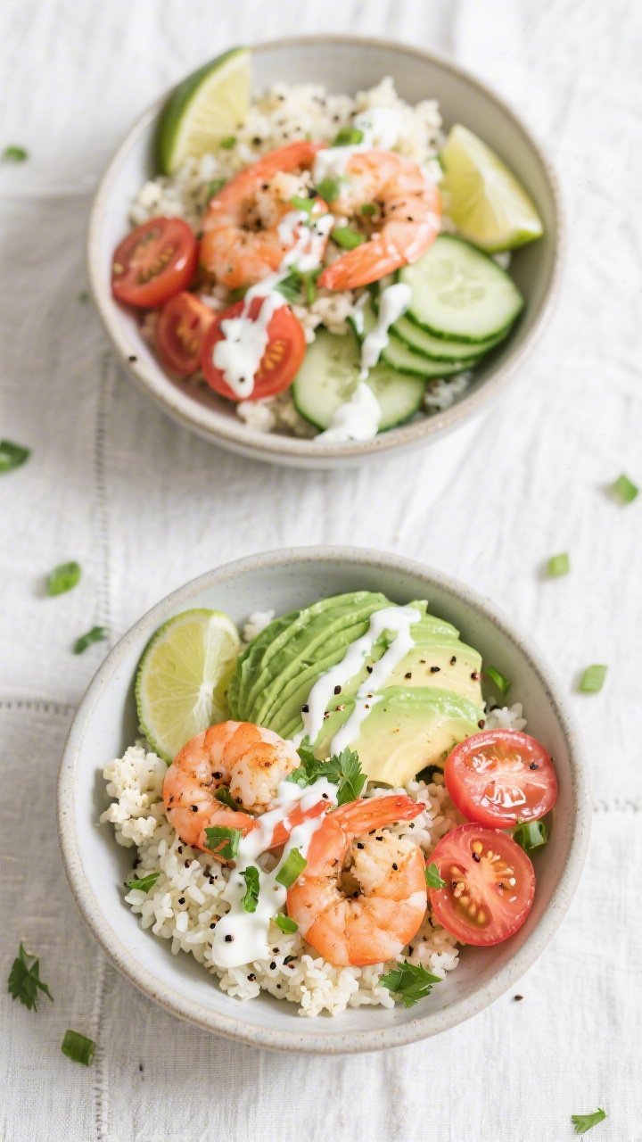 Tasty top view: Overhead shot of assembled Spicy Shrimp & Cauliflower Rice Bowls — fluffy cauliflo