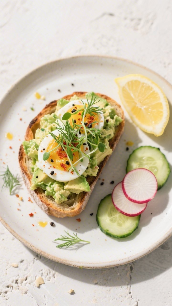 Tasty top view: Overhead shot of avocado egg salad open-faced on toasted sourdough, topped with extr