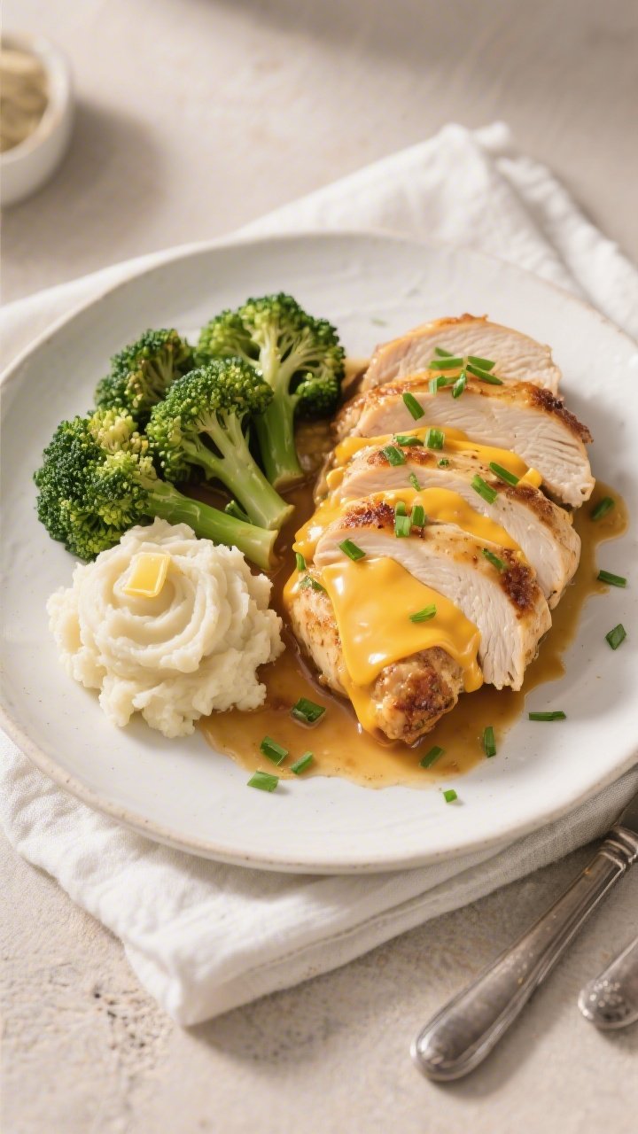 Tasty top view: Overhead shot of beautifully plated Cheddar Stuffed Keto Chicken Breast sliced to re