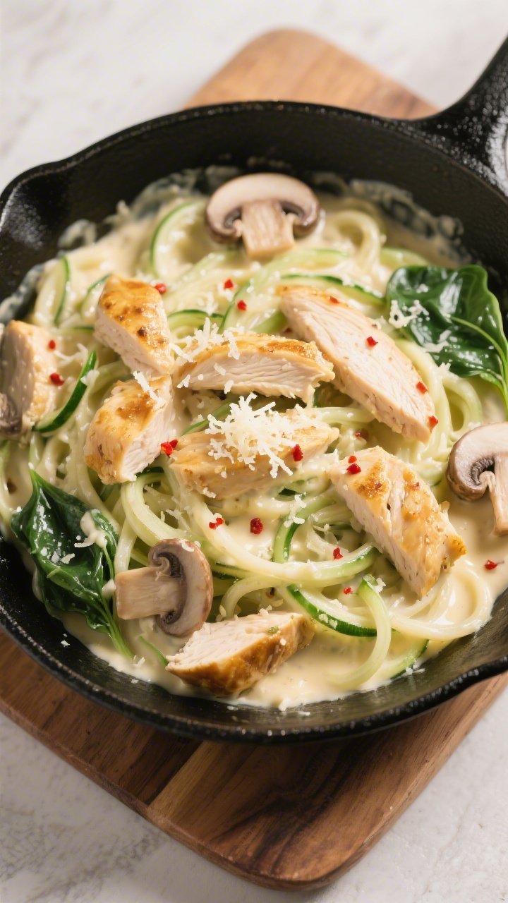 Tasty top view: Overhead shot of Chicken Alfredo Zoodles just after combining, showing even sauce co