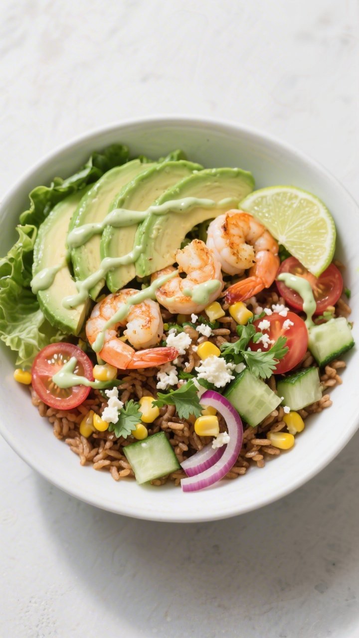 Tasty top view: Overhead shot of Creamy Avocado Shrimp Bowls assembled on a matte white bowl—base 