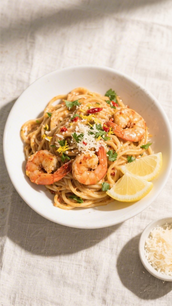Tasty top view: Overhead shot of creamy Cajun shrimp pasta tossed with linguine, sauce clinging silk