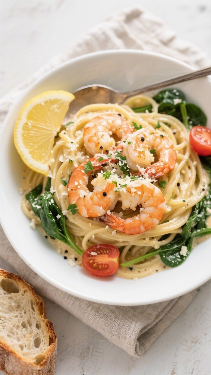 Tasty top view: Overhead shot of Creamy Garlic Parmesan Shrimp spooned over twirled linguine in a wi