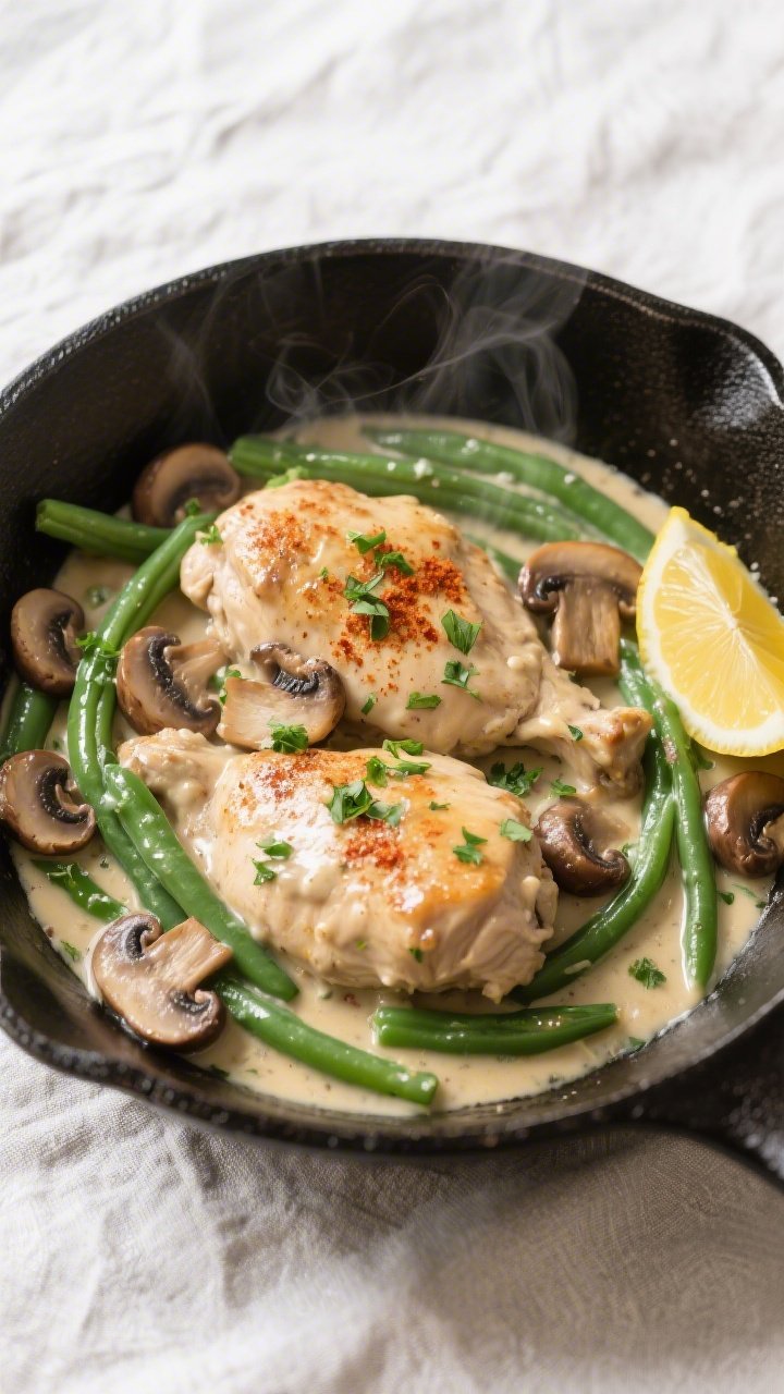 Tasty top view: Overhead shot of Creamy Mushroom Chicken & Green Beans finished in the pan—juicy c