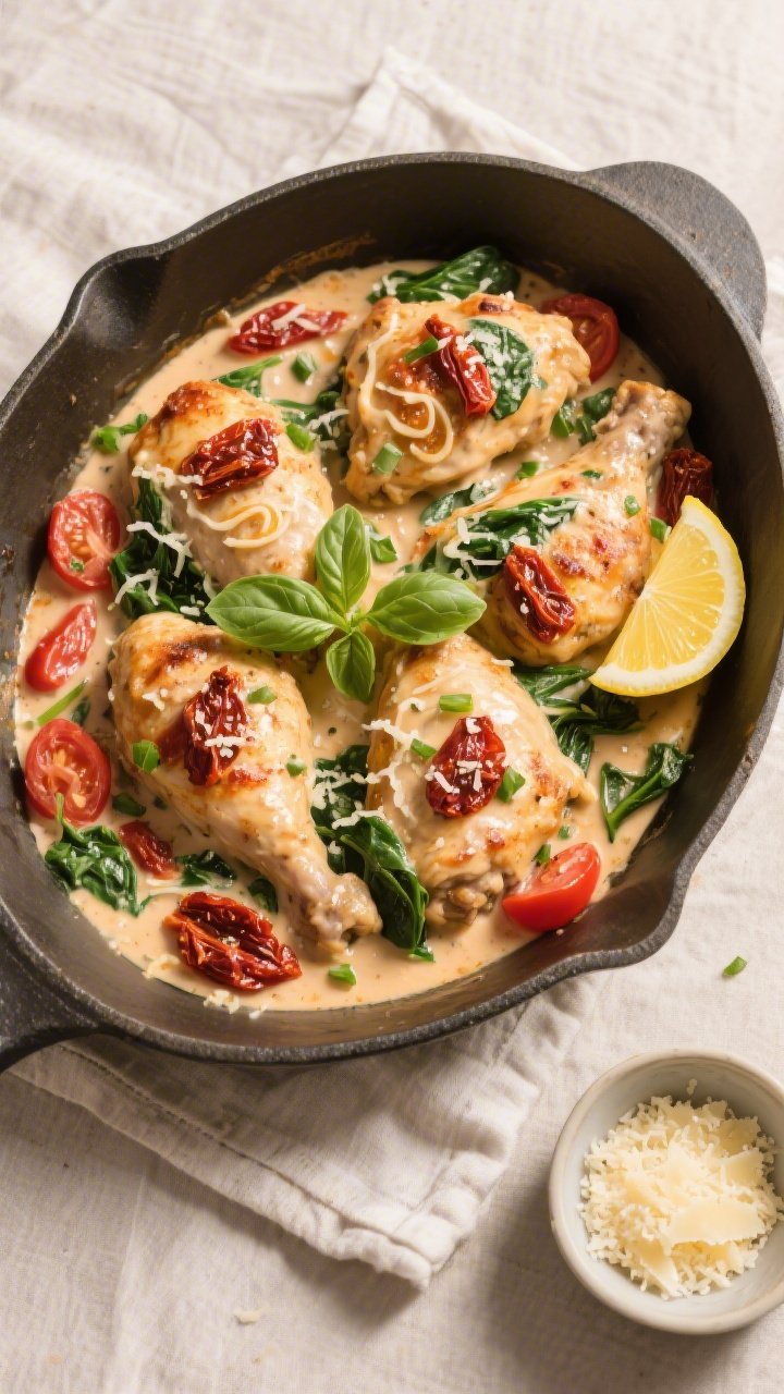 Tasty top view: Overhead shot of Creamy Sun-Dried Tomato Chicken served family-style in a wide, shal