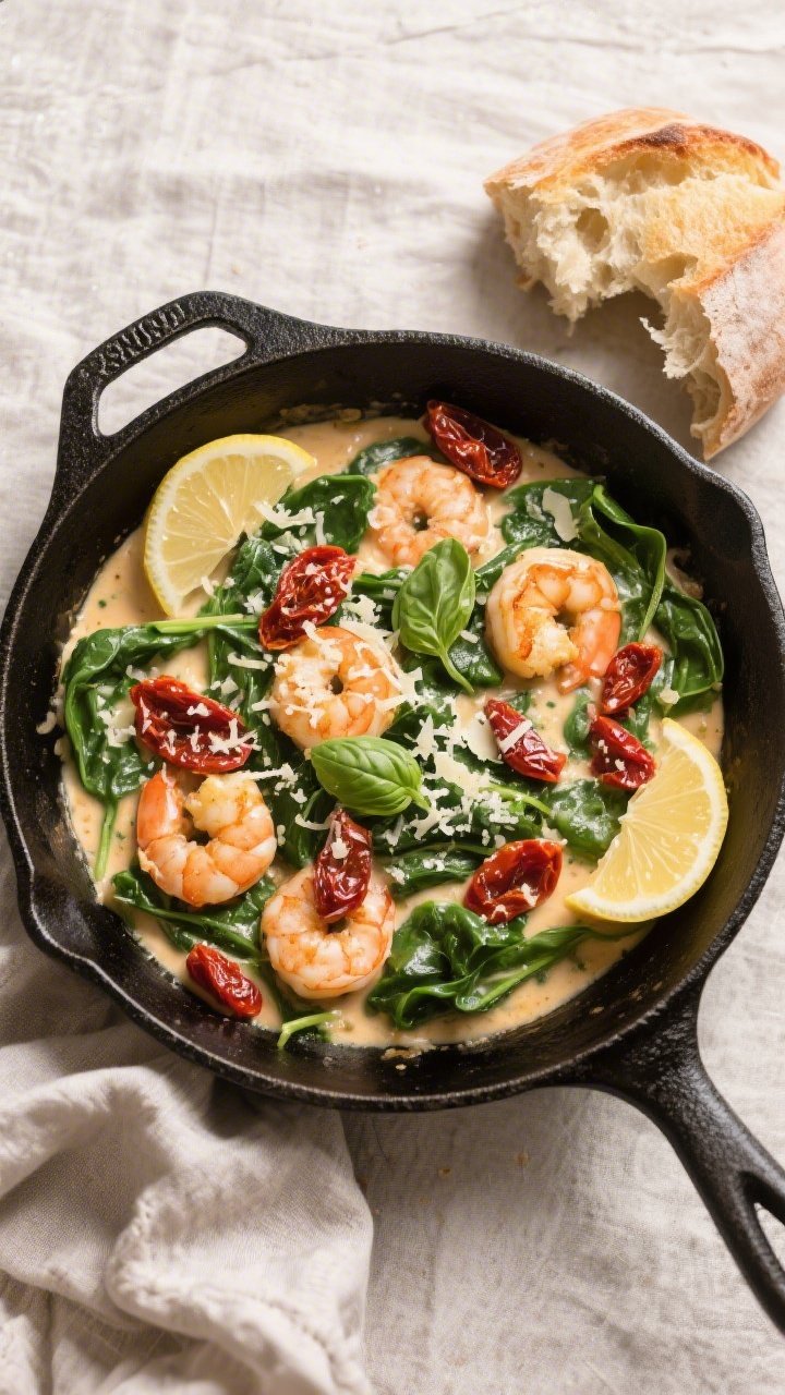 Tasty top view: Overhead shot of Creamy Tuscan Shrimp Skillet served family-style in a black cast-ir