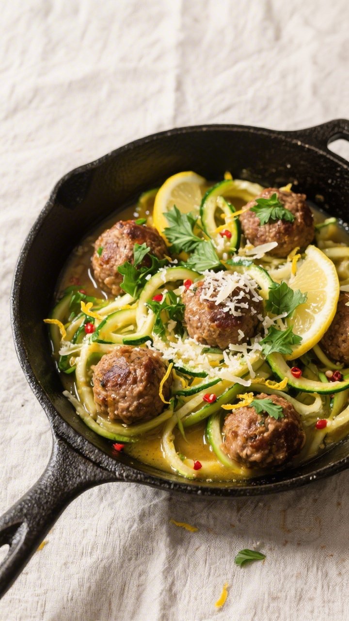 Tasty top view: Overhead shot of crisp-tender zoodles just tossed in the lemony pan sauce, lightly c