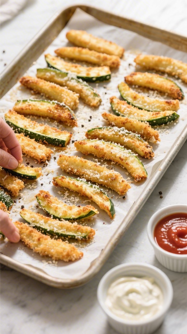 Tasty top view: Overhead shot of Crispy Parmesan Zucchini Fries arranged in neat rows on a parchment