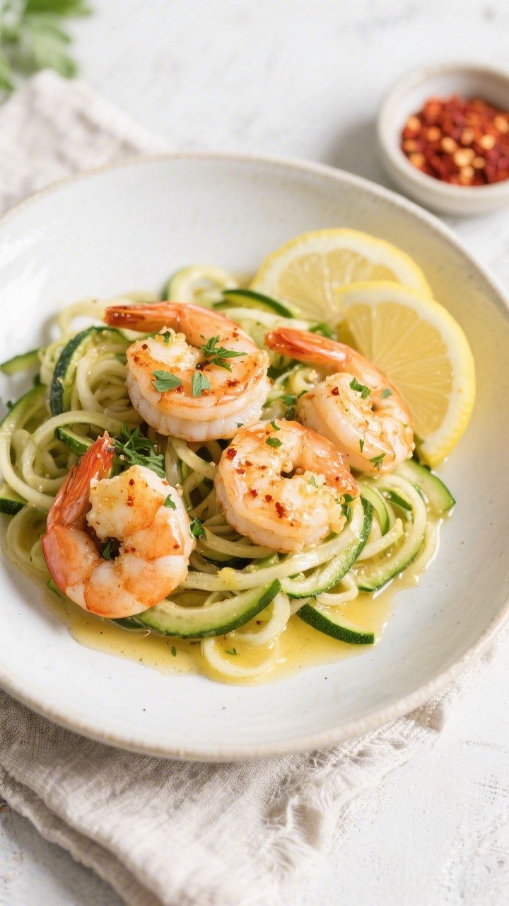 Tasty top view: Overhead shot of Easy Keto Lemon Butter Shrimp served over zucchini noodles in a wid
