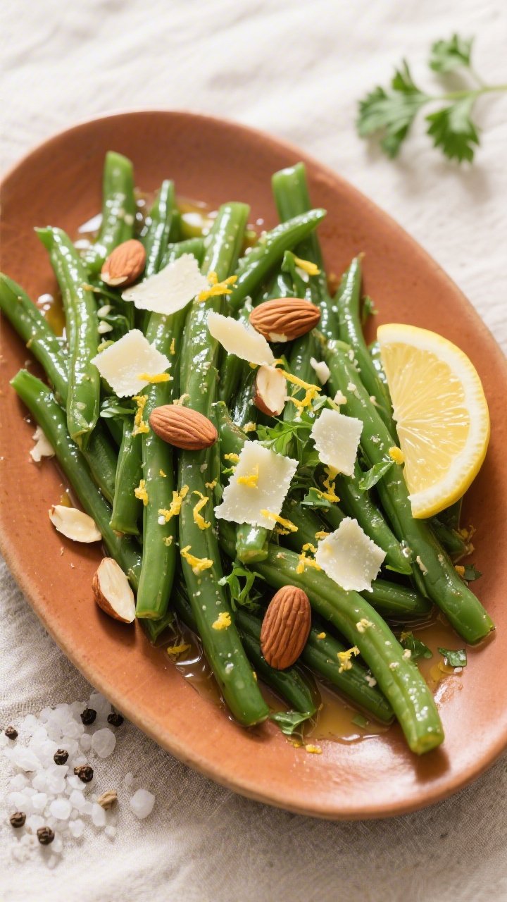 Tasty top view: Overhead shot of finished garlic butter green beans on a warm oval platter, glisteni