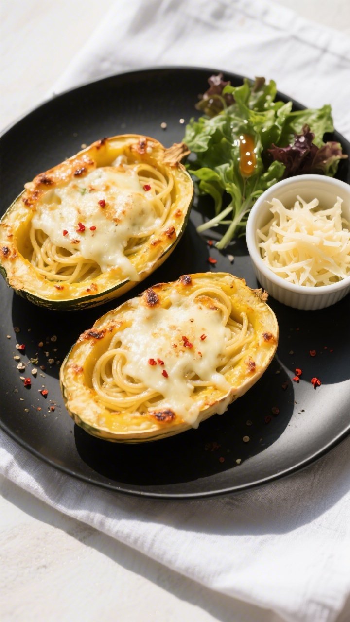 Tasty top view: Overhead shot of finished spaghetti squash boats arranged on a matte black platter, 