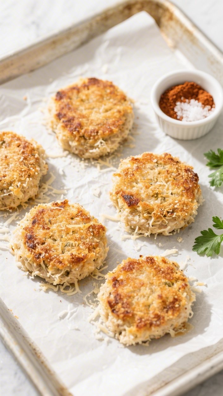 Tasty top view: Overhead shot of four Parmesan-coated patties resting on a parchment-lined sheet pan