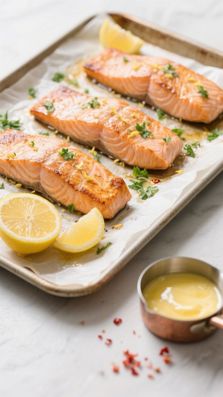 Tasty top view: Overhead shot of four salmon fillets just out of the oven on a parchment-lined sheet