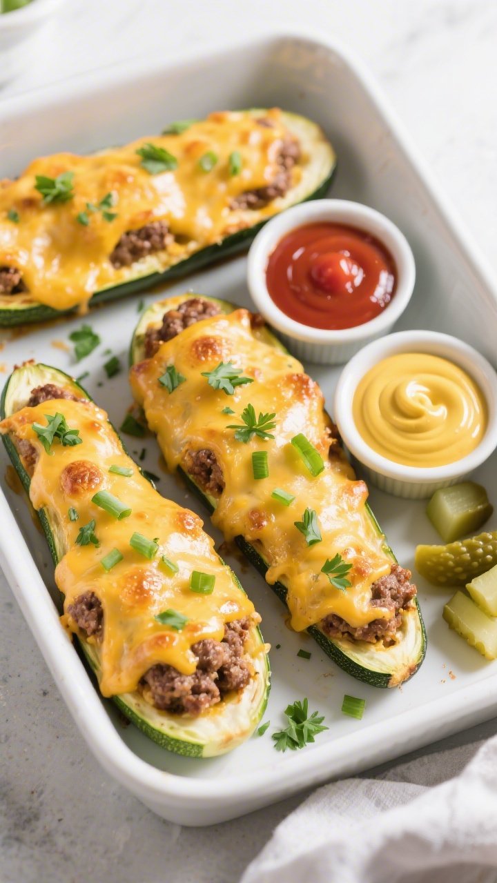 Tasty top view: Overhead shot of freshly baked Keto Cheesy Hamburger Stuffed Zucchini Boats in the b