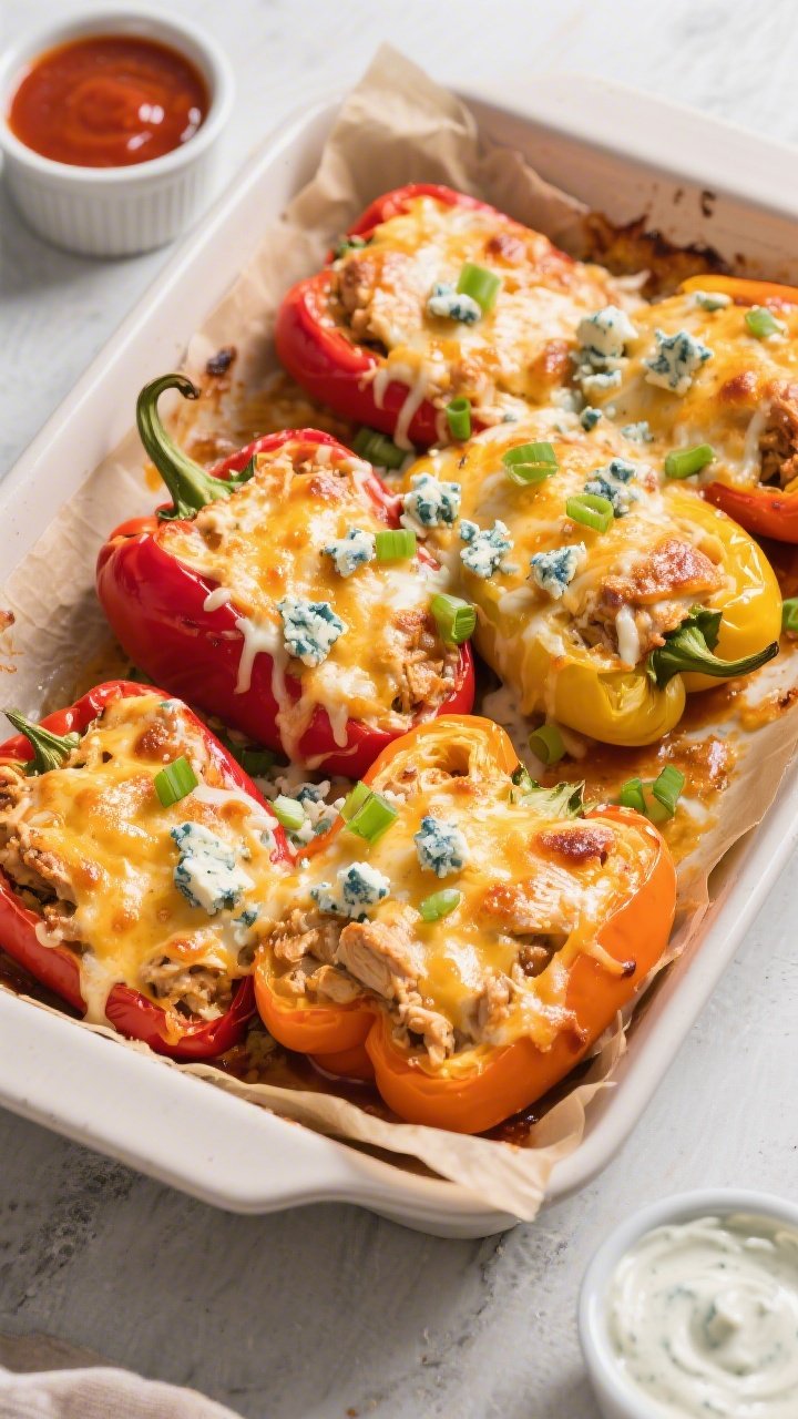Tasty top view: Overhead shot of fully baked Keto Buffalo Chicken Stuffed Peppers in a 9x13 baking d