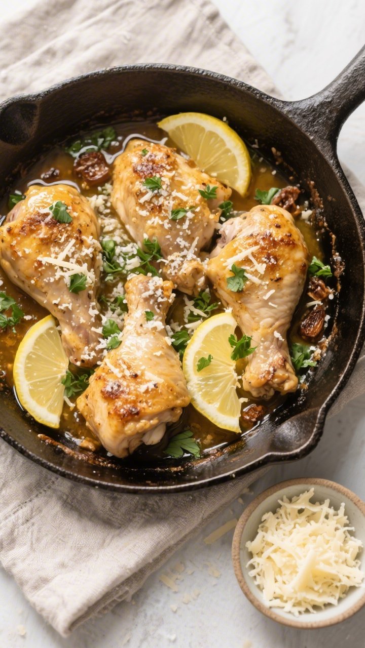 Tasty top view: Overhead shot of Garlic Butter Chicken Thighs finished with a glossy Parmesan coatin