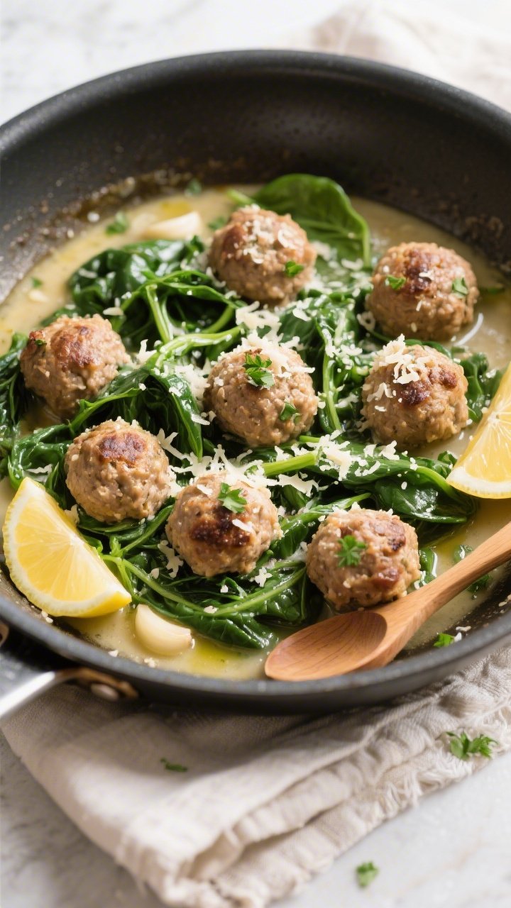 Tasty top view: Overhead shot of Garlic Parmesan Meatballs & Spinach finishing in the pan—vibrant