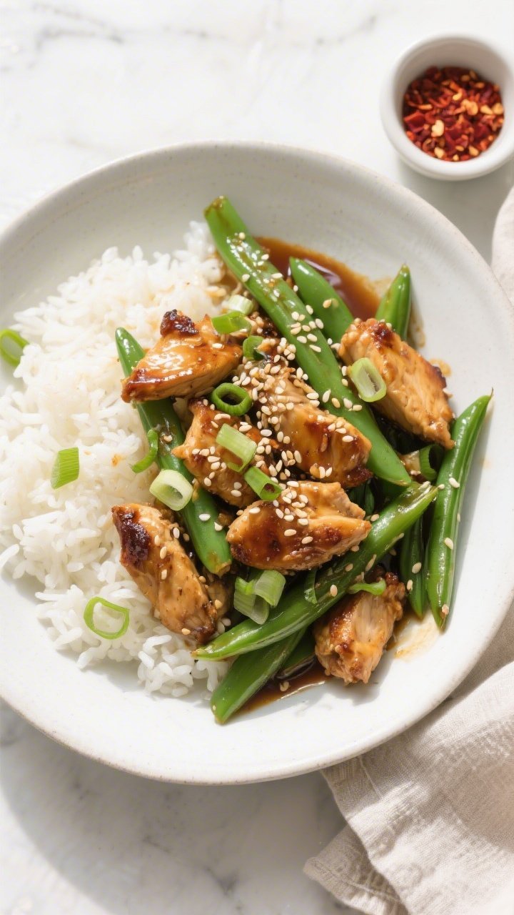 Tasty top view: Overhead shot of Honey Garlic Chicken & Green Beans served over fluffy white rice in