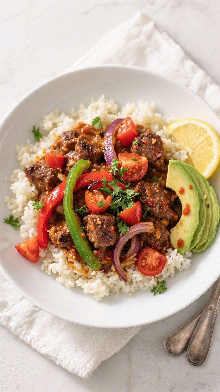 Tasty top view: Overhead shot of Keto Cajun Spiced Hamburger Skillet served over fluffy cauliflower 