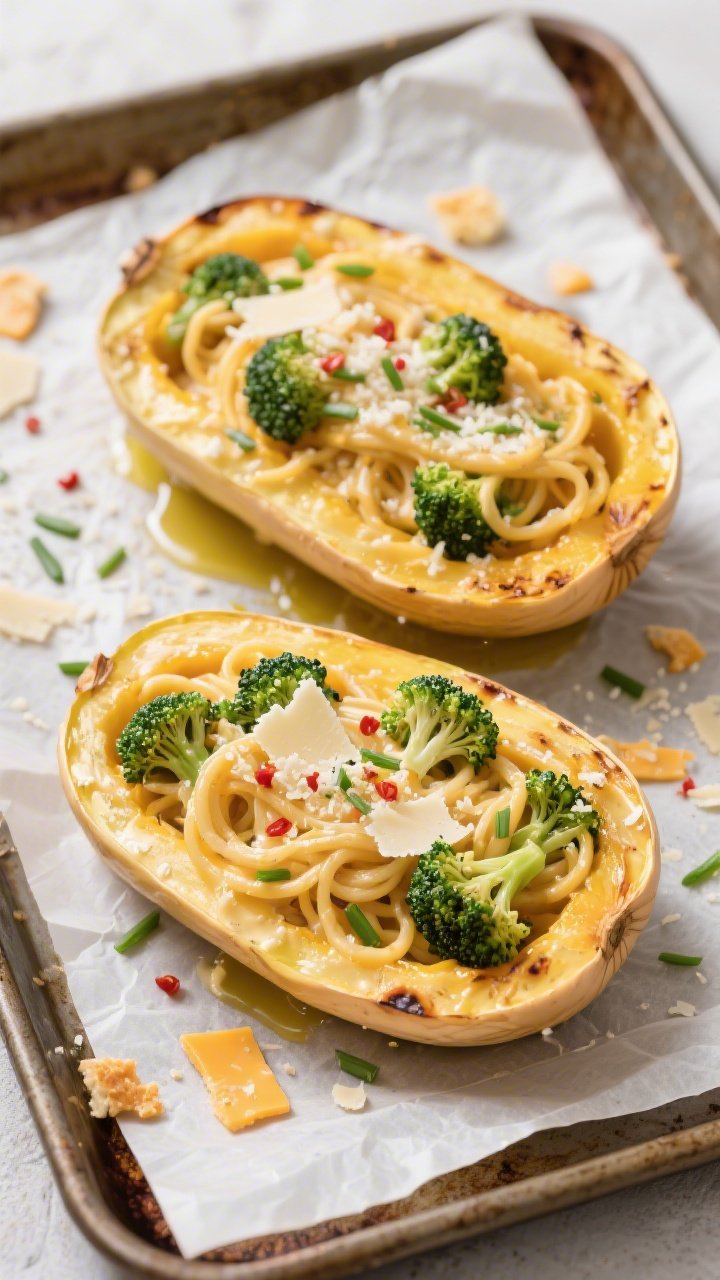 Tasty top view: Overhead shot of Keto Cheddar Broccoli Spaghetti Squash served in the roasted squash