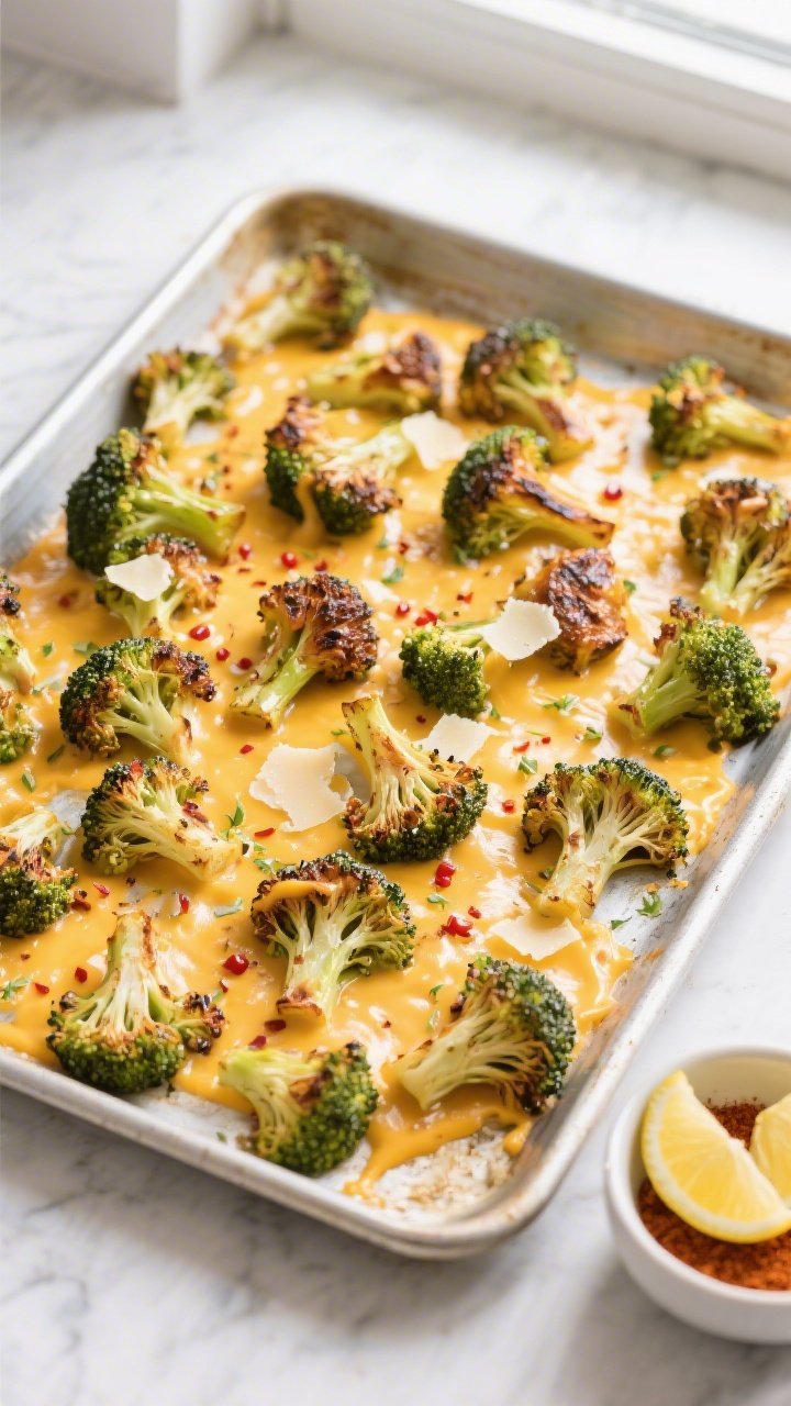 Tasty top view: Overhead shot of Keto Cheddar Roasted Broccoli on a large rimmed baking sheet, flore